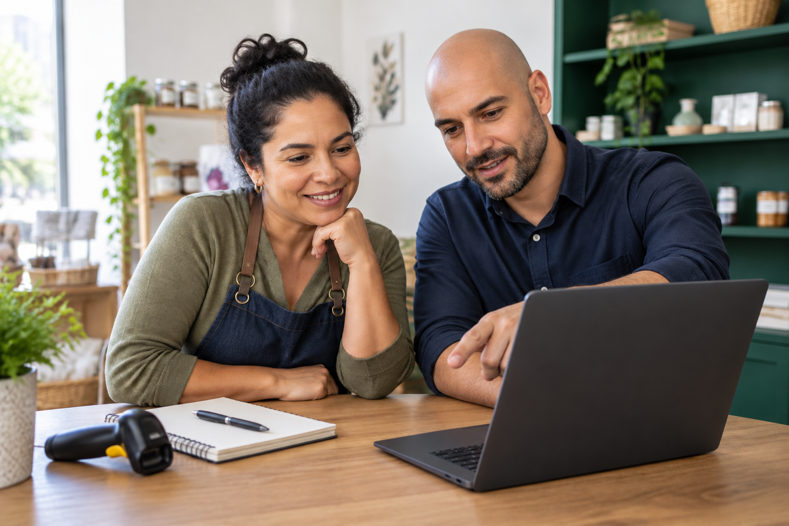Empreendedora e consultor avaliando juntos a gestão de um negócio