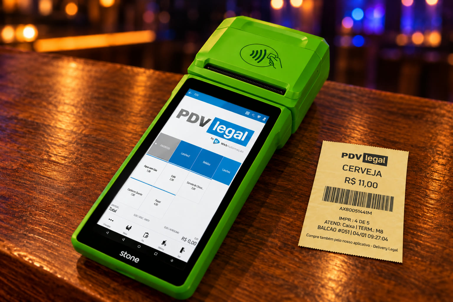 Terminal com PDV Legal e ficha impressa sobre o balcão — imagem contextual ilustrativa