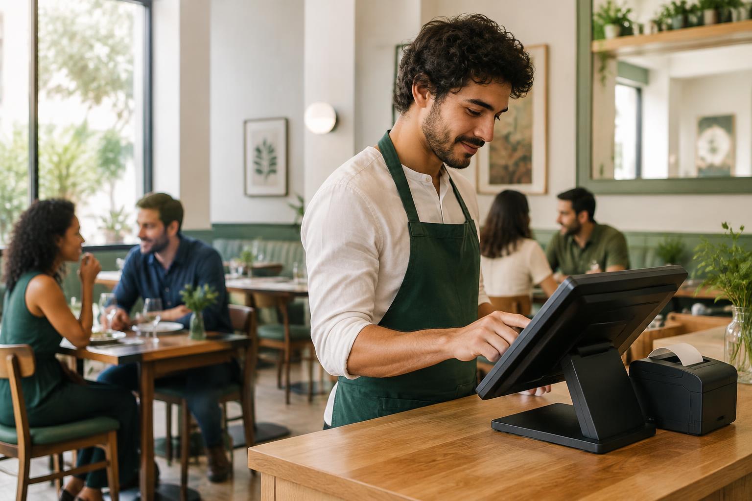 Atendente usando um PDV em um restaurante, com clientes ao fundo